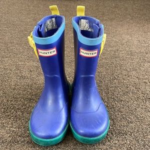 Hunter Rain Boots Kids Sz 8 B / Blue Yellow Buckles Green Soles Waterproof